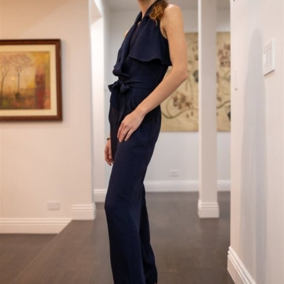 Navy Notched Collar Self-Tie Belted Cut-Out Back Detail Wide Leg Jumpsuit - Picture 2 of 6